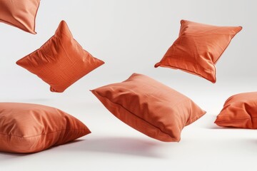 Floating orange pillows against a light background, showcasing several cushions in mid-air with soft fabric and dynamic positioning