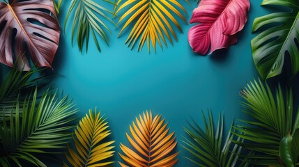Naklejka premium Colorful summer tropical palm leaves with copyspace, trendy summer jungle style floral colorful pattern background, colors botanical tropical leaves ,sun light and shadows.