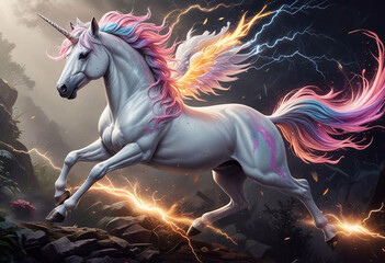 A frisky unicorn with a multi-colored mane, unicorn, fantasy, magical, kids illustration, rainbow, cute, fairytale, mythical creature, children’s art, colorful