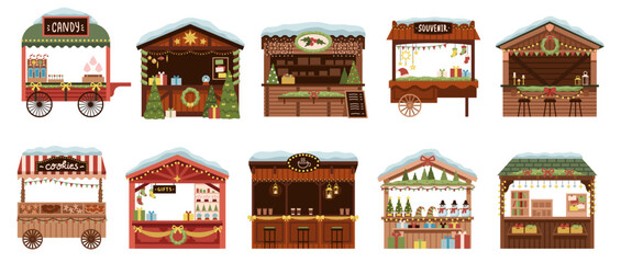 Christmas market stalls. Holiday souvenir shops, new year wooden kiosks with garlands and light bulbs, traditional bazaar, sweets and gifts, cartoon flat isolated illustration tidy vector set