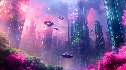 Obraz premium Nighttime megapolis city of a future with tall skyscraper buildings and flying cars in a night sky. Purple pink lilac urban background. Game cover.
