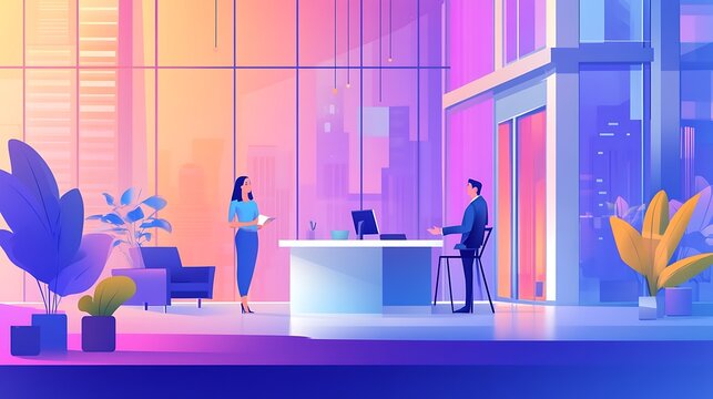 Business people talking in an office lobby, business meeting, office, professional