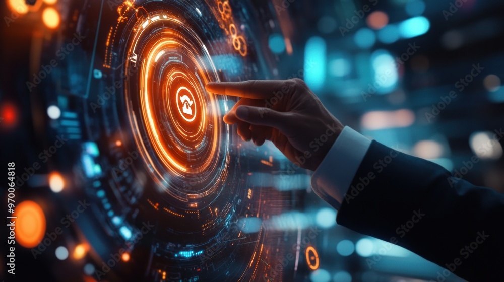 Poster hand interacting with a digital interface featuring a home icon and glowing circular elements