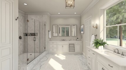 Fototapeta premium Modern White Bathroom with Marble Floors and Glass Shower