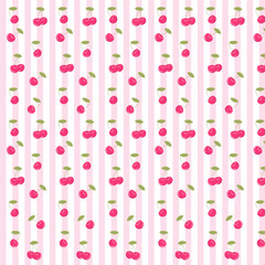 Vector seamless pattern with cherries on a striped pink background