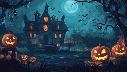 Haunted House with Jack-o'-Lanterns on a Spooky Halloween Night