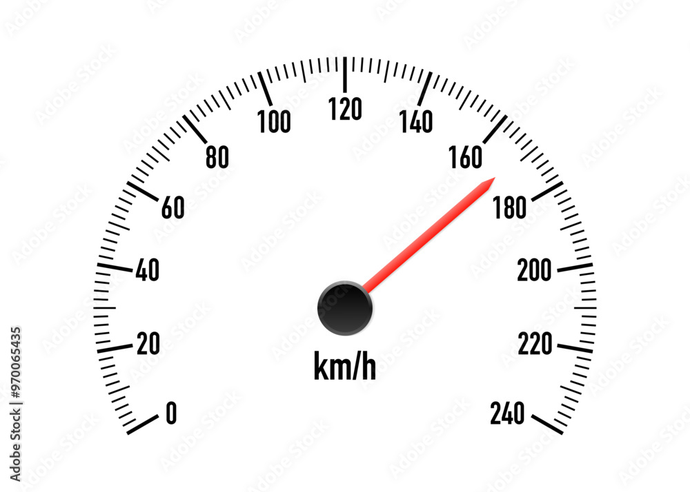 Poster realistic car speedometer with red speed level scale. racing speed counter. engine power concept tem
