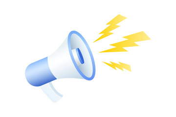 Realistic 3d plastic megaphone icon or loudspeaker bullhorn for announce promotion. Blue and white colored megaphone speaker isolated on white background. Vector illustration