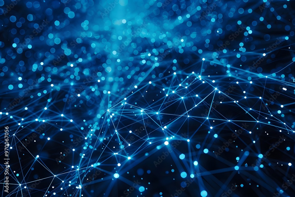 Poster abstract blue network visualization with glowing nodes and connections