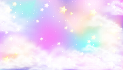 Dreamy unicorn sky background. Magic rainbow landscape with clouds and stars for fantasy princess design. Dream core concept. Stock vector illustration in surreal realistic style. © Daaridna
