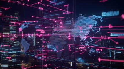 Obraz premium Digital World Map with Pink Lines and Data Visualizations