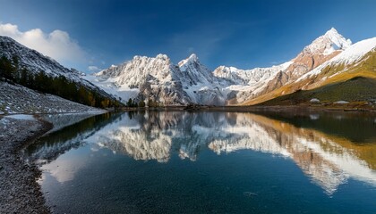 Snow-Capped Peaks Reflected in Clear Mountain Lake, Creating a Stunning Mirror Effect