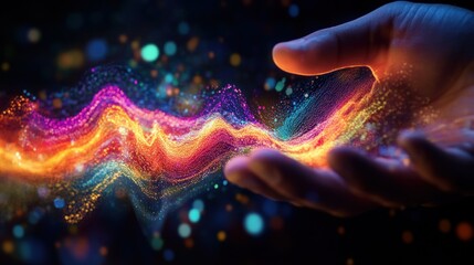 Fototapeta premium Hand Holding a Flowing Stream of Colorful Particles