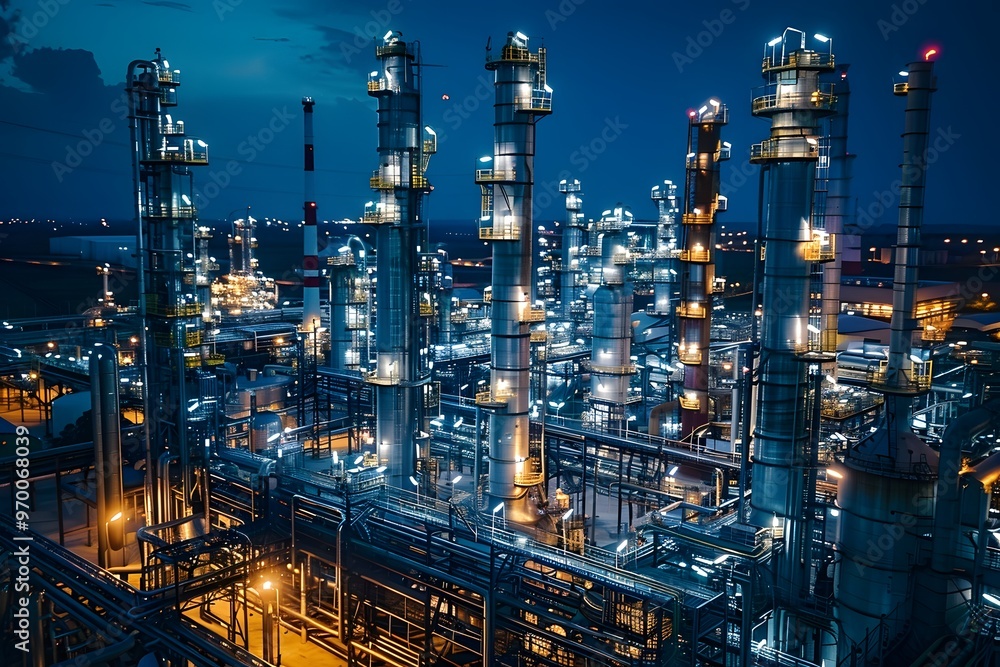 Poster nighttime view of a modern industrial complex with illuminated towers and pipelines