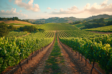 Drone footage of a picturesque vineyard with rows of grapevines stretching across rolling hills, showcasing agricultural beauty. Concept of viticulture and landscape aesthetics.