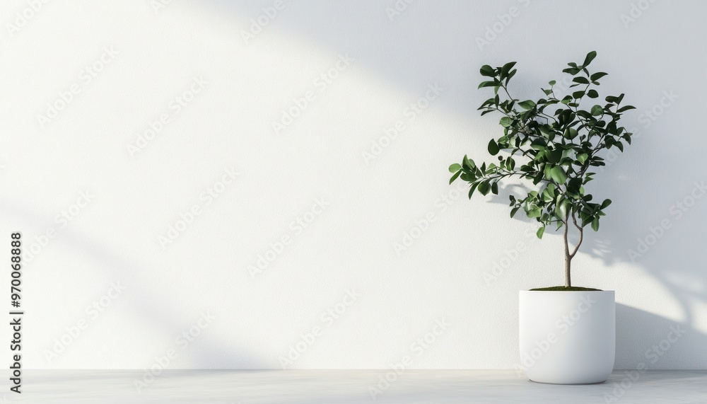 Wall mural A White Wall with a Small Green Plant in a White Pot