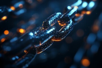 Closeup of shiny metal chain links with glowing blue light