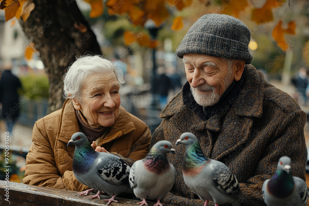 Sticker an elderly couple sitting on a park bench, feeding pigeons and watching the world go by. concept of 