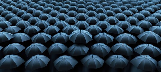 Obraz premium Rows of identical black umbrellas in a dark, minimalist setting, creating a strong sense of symmetry and uniformity.