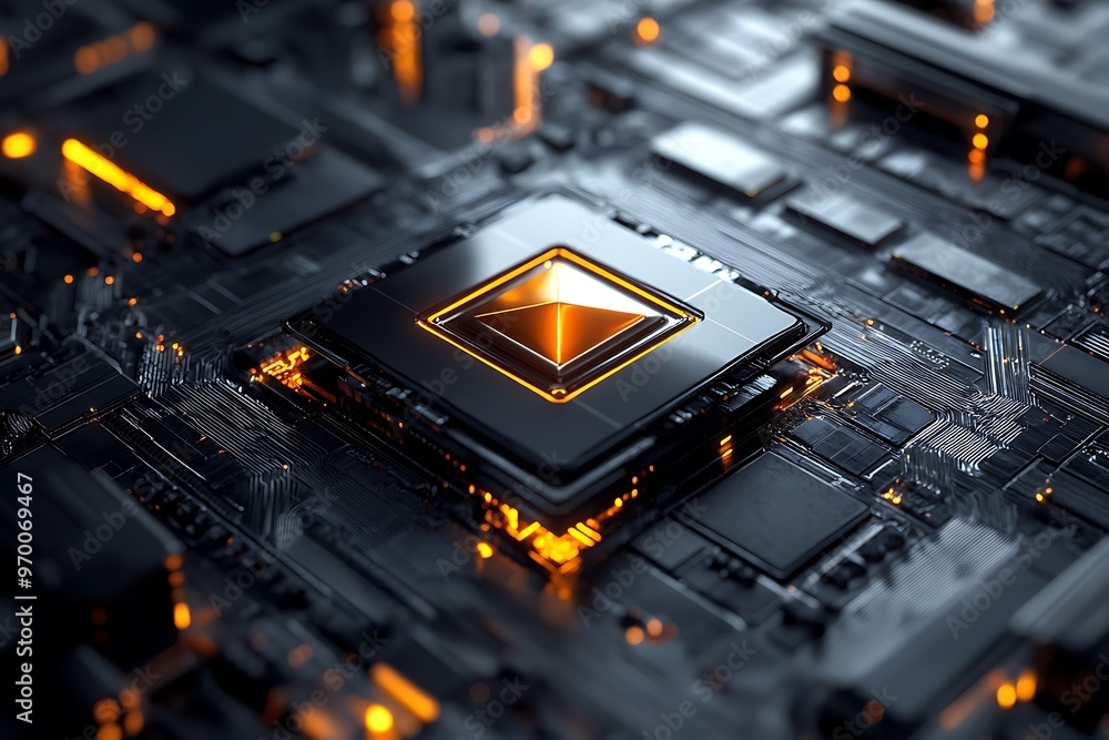 Poster closeup of glowing cpu processor on a circuit board