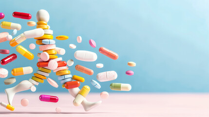 Human figure made of pills running with health products in a vibrant environment