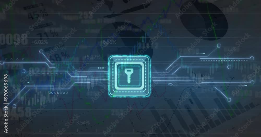 Aufkleber animation of key icon, digital data processing and circuit board over computer servers