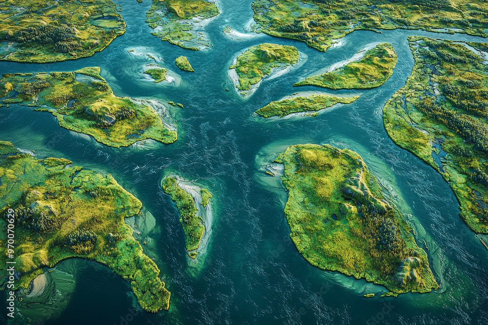Poster aerial capture of a tranquil river delta with branching waterways and wetlands, creating a complex a