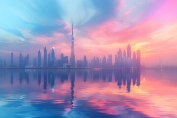 Fototapeta premium Stunning Sunset Over a Modern City Skyline Reflected in Water