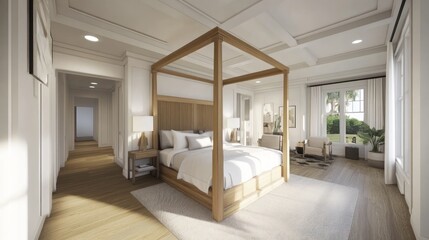 Modern Bedroom with Wooden Canopy Bed and White Walls