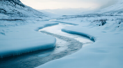 Obraz premium A frozen river meandering through a snow-covered valley with frost glistening on the banks.