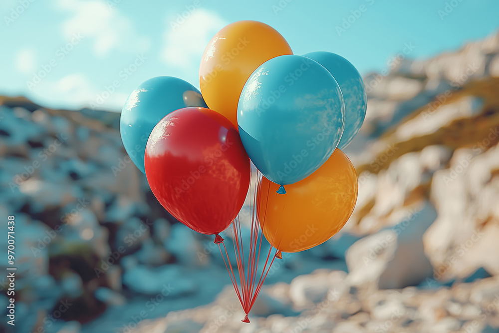 Poster a series of floating balloons with no strings visible, as if held by an unseen person. concept of ma