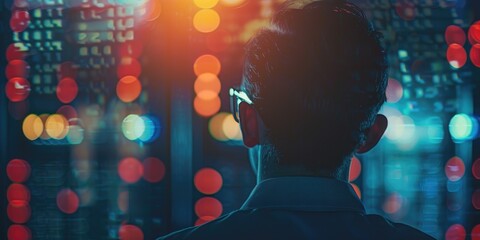 Criminal hacker in glasses decrypting code in a dimly lit room Cybercriminal infiltrating network security Programmer working on computer software Rear view Toned image