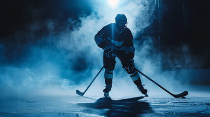 Naklejka premium Dark silhouette of a male hockey player in uniform, helmet, and skates with a stick on the ice arena with smoke and blue backlight. Sportsman posing at the stadium ice rink. Winter sports.