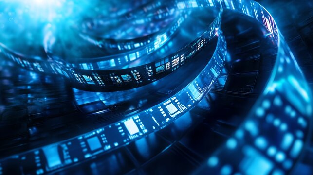 Digital blue and black film strip background. Cinematography and entertainment industry movie banner or poster with camera reel, production media frame, roll tape in motion, flyer, advertising