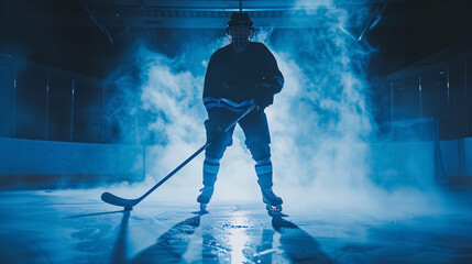Dark silhouette of a male hockey player in uniform, helmet, and skates with a stick on the ice arena with smoke and blue backlight. Sportsman posing at the stadium ice rink. Winter sports.