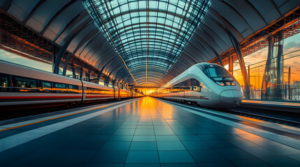A futuristic train station with a bullet train powered by renewable energy sources.