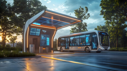 Obraz premium A futuristic electric bus stop with digital displays and solar panels with an electric bus arriving to pick up passengers.