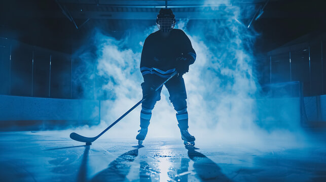 Dark silhouette of a male hockey player in uniform, helmet, and skates with a stick on the ice arena with smoke and blue backlight. Sportsman posing at the stadium ice rink. Winter sports. - Powered by Adobe
