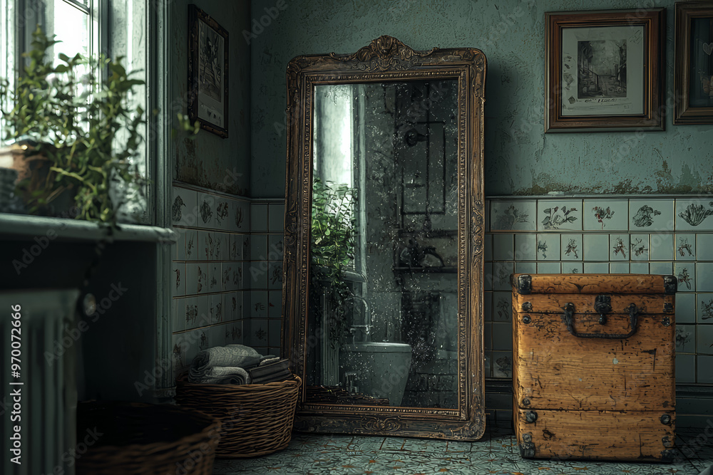 Poster a mirror reflecting an empty room with only the objects slightly shifting, implying unseen actions. 