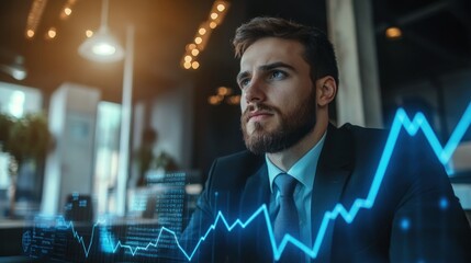 Businessman Looking Up at a Rising Blue Graph Overlay