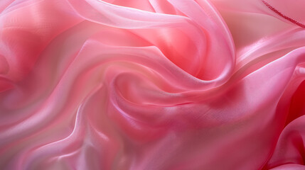 Fototapeta premium Delicate pink organza chiffon fabric background with a swirl creased texture. Sewing fashion clothes making wedding women's apparel concept.