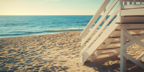 Close up of lifeguard house on empty sandy beach at autumn. The end or final of the beach  season