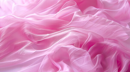 Obraz premium Delicate pink organza chiffon fabric background with a swirl creased texture. Sewing fashion clothes making wedding women's apparel concept.