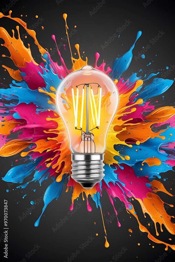 Poster the creative design of an abstract image of a light bulb in the foreground and rainbow colors splash