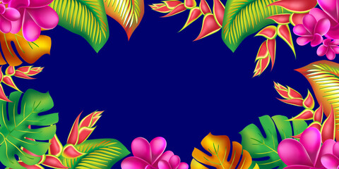 Trendy summer exotic flower banner card template. Palm monstera leaves with hibiscus and pink plumeria flowers abstract background. © Feoktistova