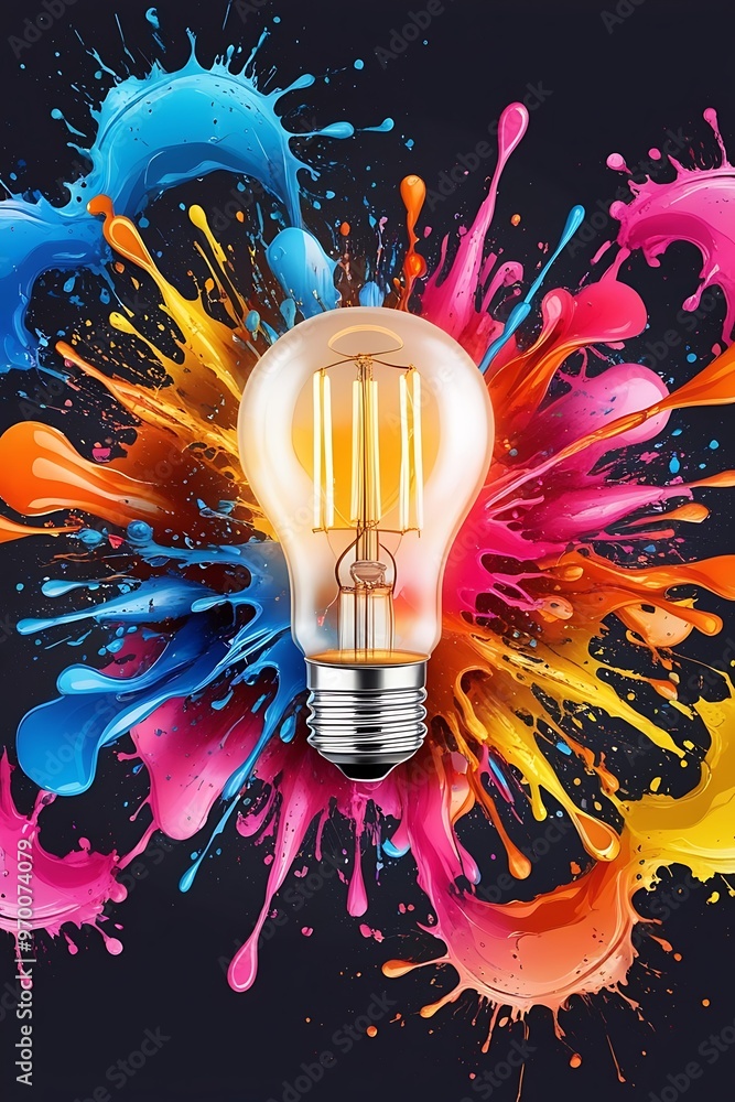 Poster the creative design of an abstract image of a light bulb in the foreground and rainbow colors splash