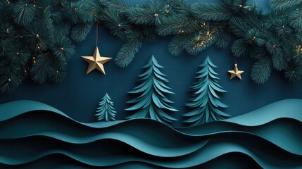 Festive Greenery and Golden Stars Decorated Christmas Trees with Wave Pattern Background