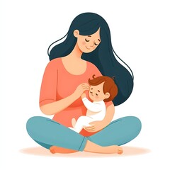Obraz premium Mother with baby, flat style illustration on white background with leaves 