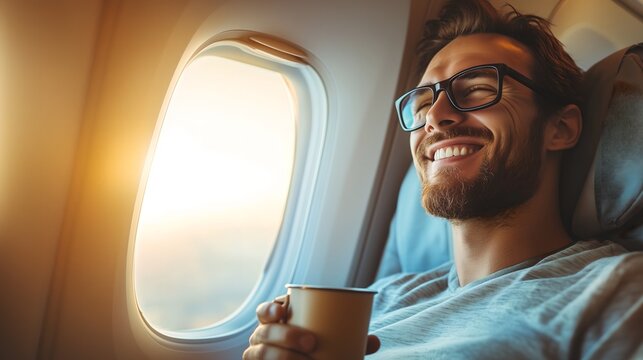 Happy smiling handsome young businessman sitting in plane seat near window, holding cup of coffee, looking outside. Travel and transportation comfortable passenger, first class luxury flight, wealth