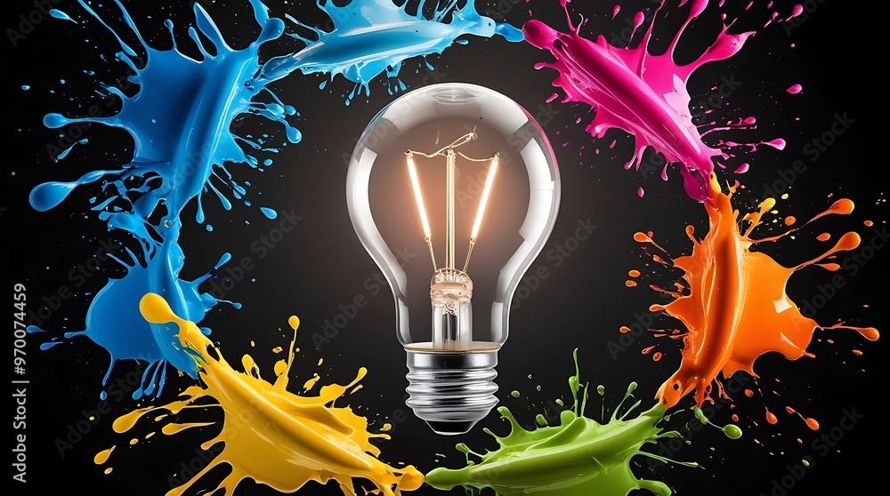 Poster the creative design of an abstract image of a light bulb in the foreground and rainbow colors splash